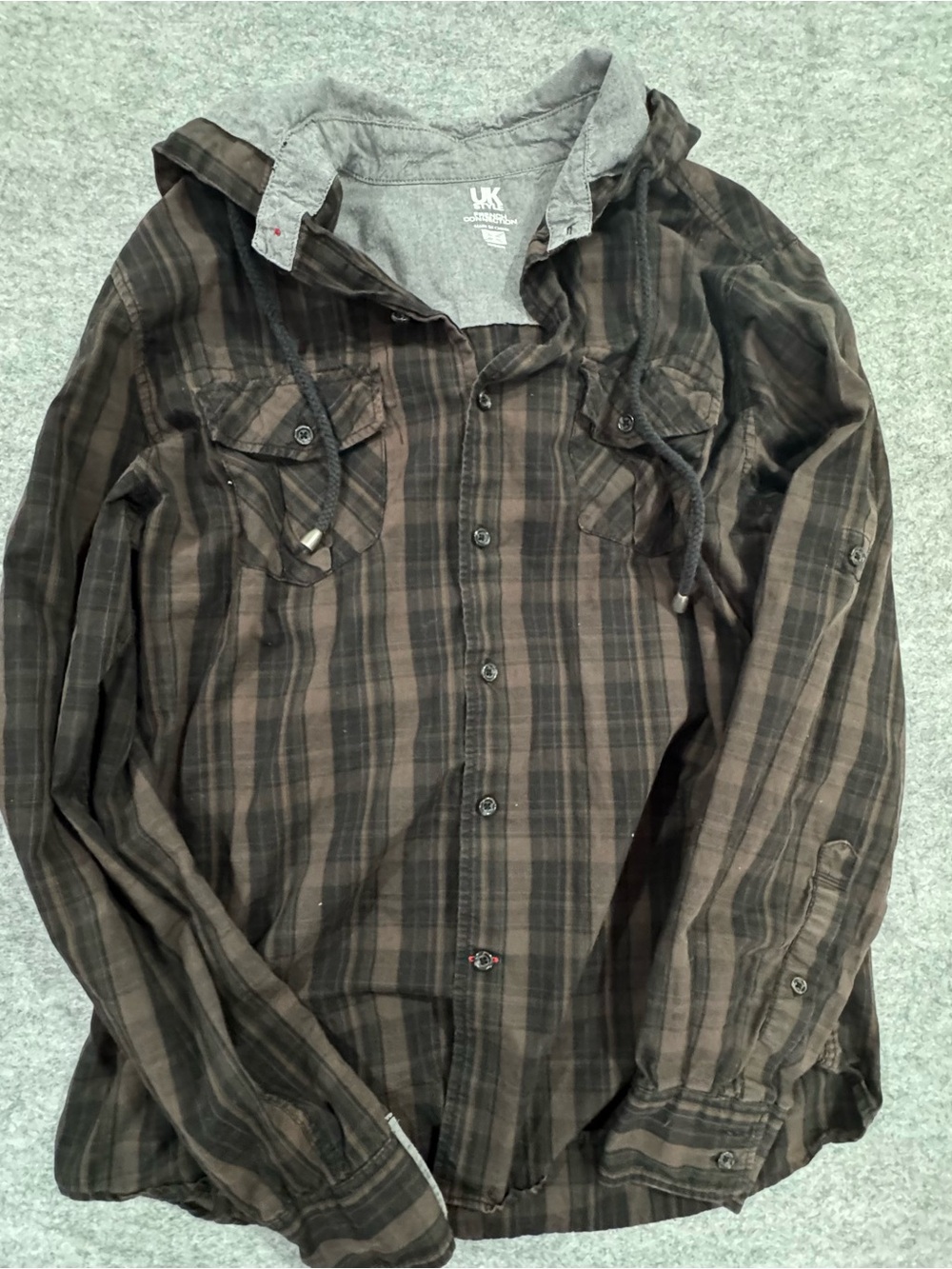 French Connection Brown & Black Plaid Hooded Shirt